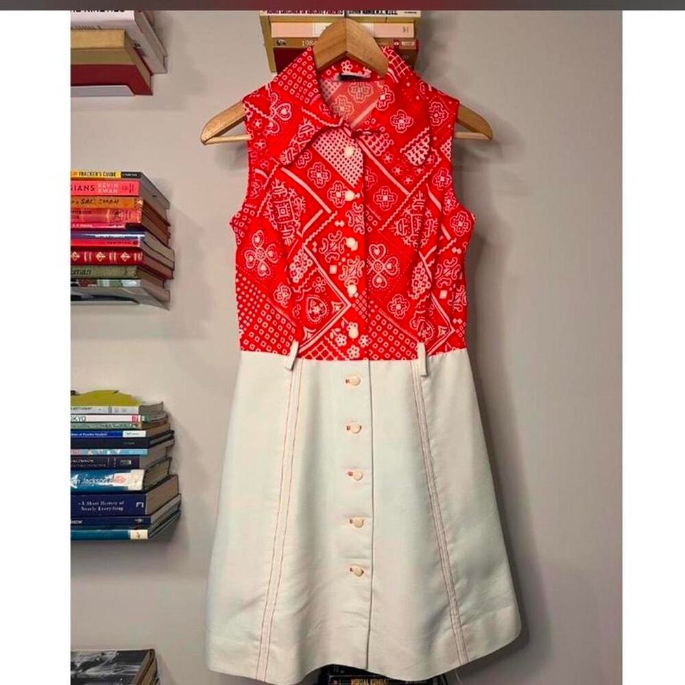 Vintage 1970s Red Paisley Bandana Print Western Mini Dress Size 4